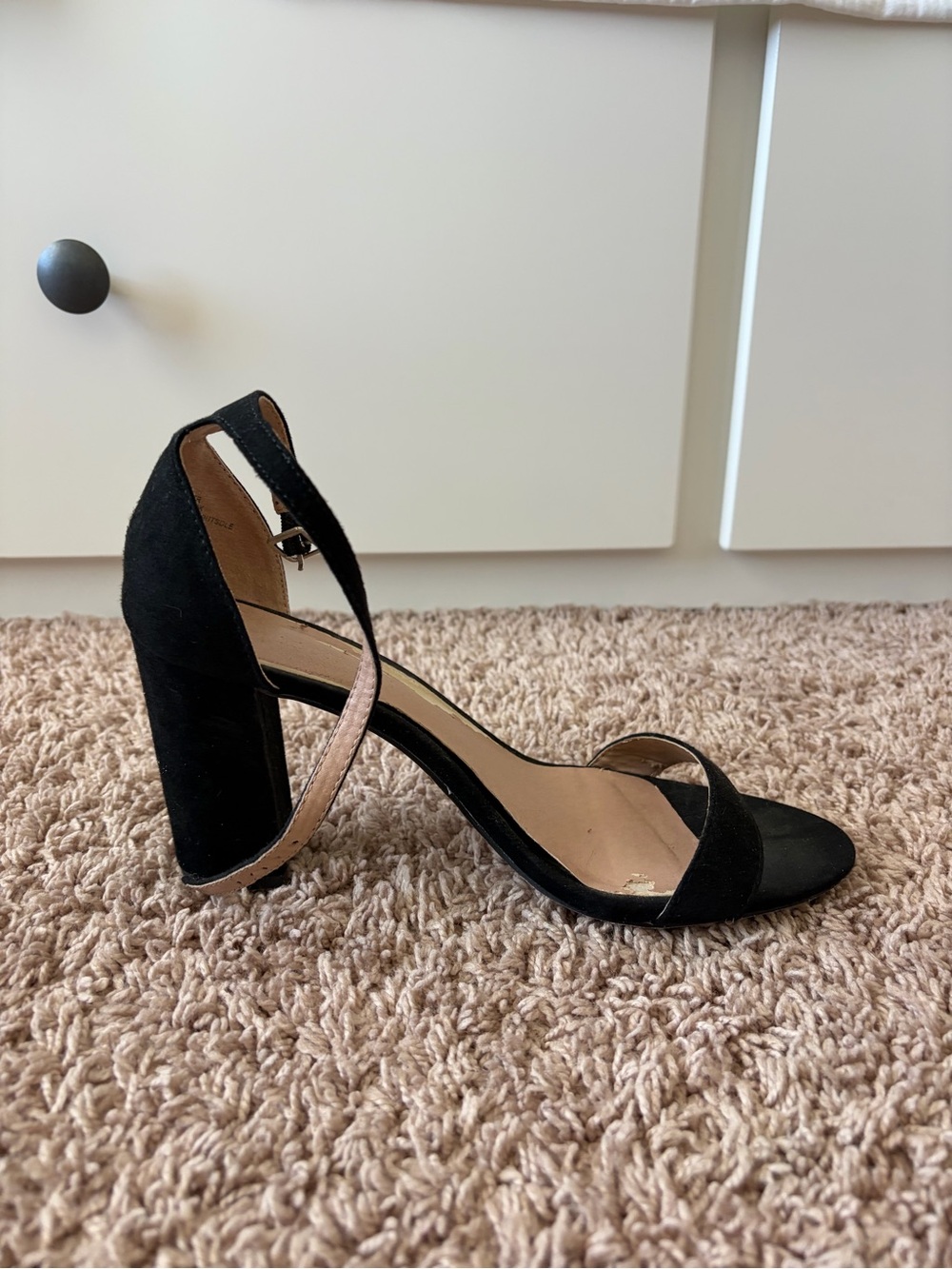Black Suede Block Heel Sandal with Ankle Strap